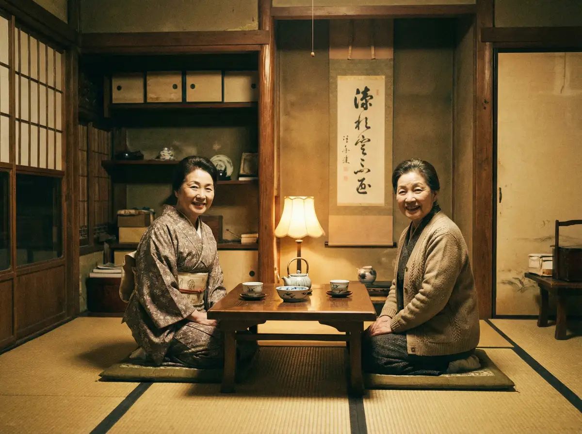 两位优雅的 91看片软件 在日式茶室中品茶交谈